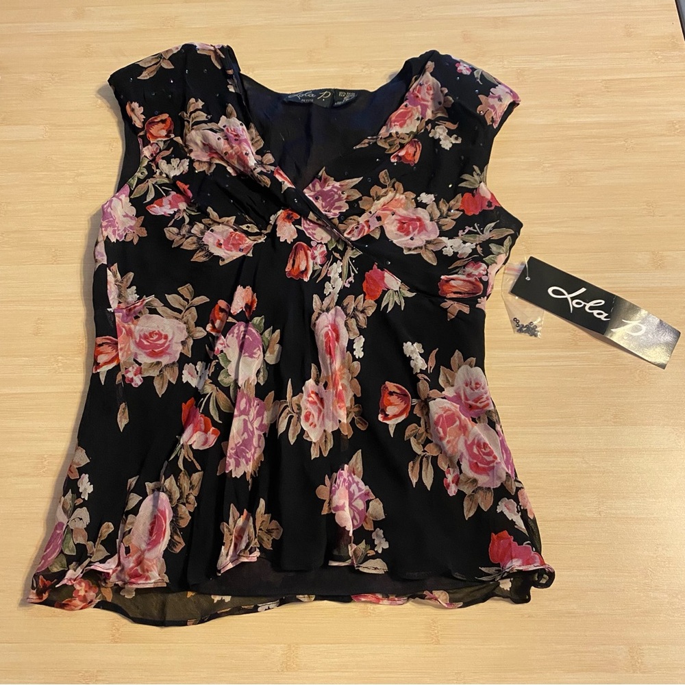 Lola P. New Floral Sequins Tank Top Blouse Y2K Petite Large